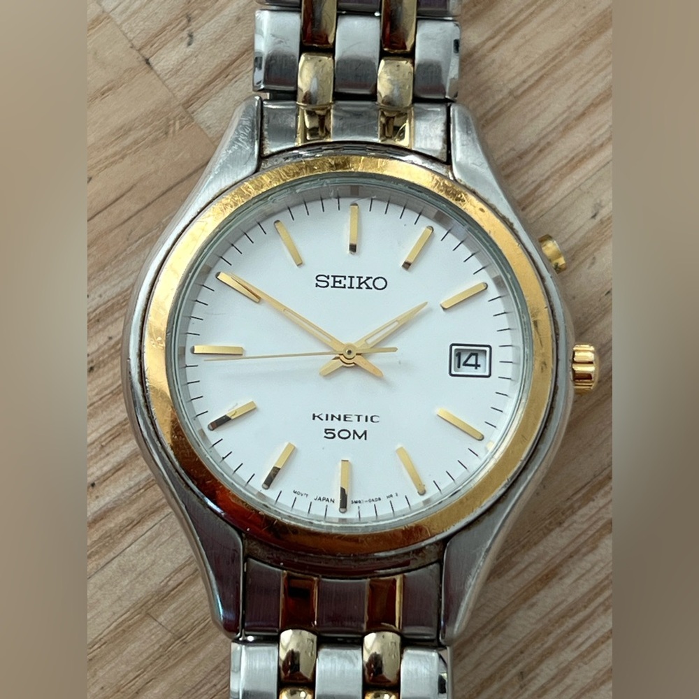 Seiko Kinetic Automatic Men’s Watch Two-Tone Bracelet Case White Dial Date